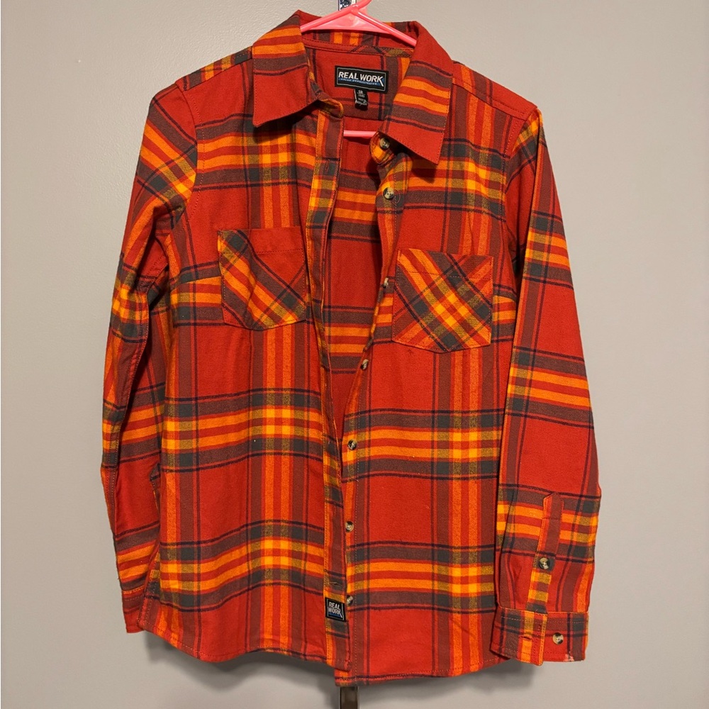 Real Work Plaid Flannel Orange Fall‎ Colors Small Women's Button Down Shirt